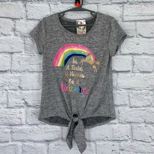 Jenna & Jessie short sleeve Crewneck tie front unicorn top grey sz 8